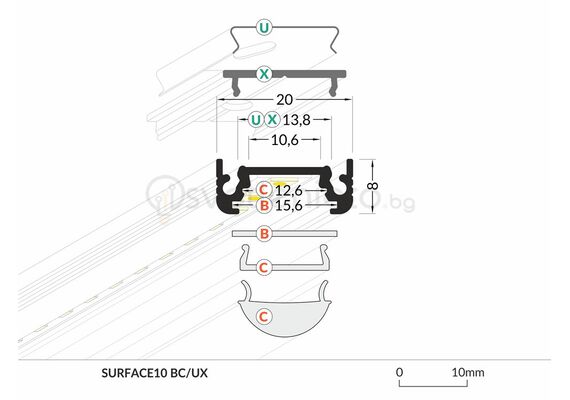 Бял LED профил SURFACE10 BC/UX 2000 за открит монтаж | Osvetlenieto.bg