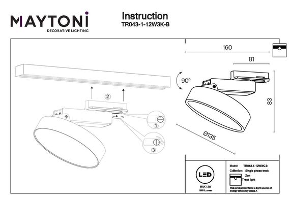 LED Спот за 2L шина Zon TR043-1-12W3K-B Maytoni 12W 3000K | Osvetlenieto.bg