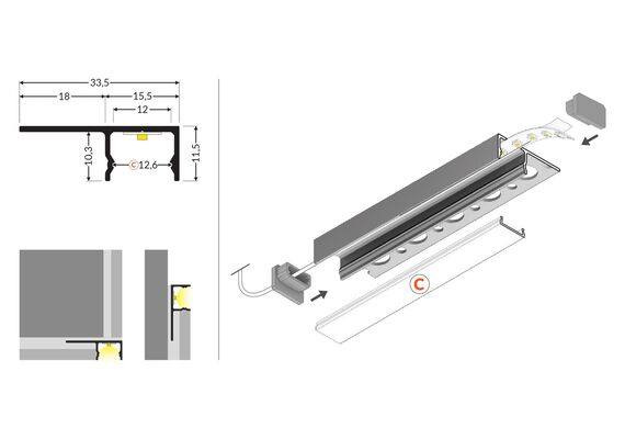 LED профил за вграждане в плочки UNI-TILE12 C PLUS анодизиран 2 метра | Osvetlenieto.bg