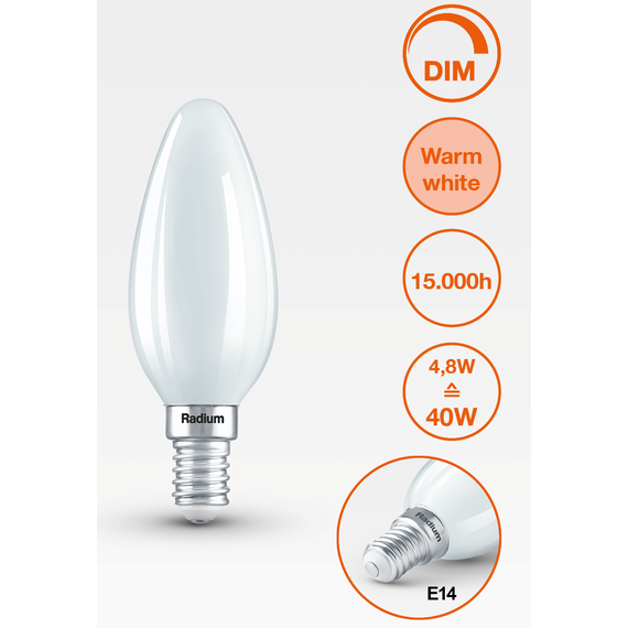 E14 4.8W 2700K Radium LED крушка Filament Матова Димируема 470lm B35 | Osvetlenieto.bg