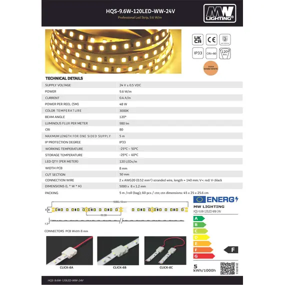 LED лента 9.6W 24V 3000К топла светлина SMD2835 - 120 светодиода | Osvetlenieto.bg