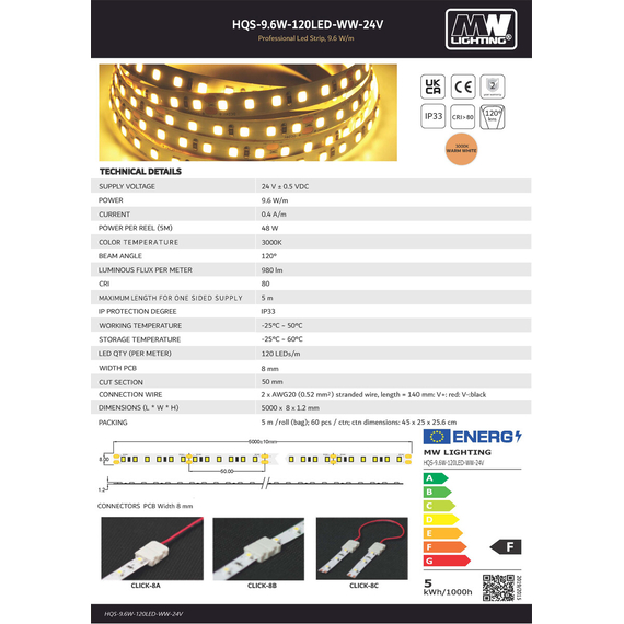 LED лента 9.6W 24V 3000К топла светлина SMD2835 - 120 светодиода | Osvetlenieto.bg