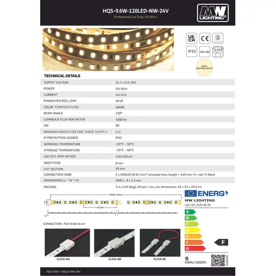 LED лента 9.6W 24V 4000К бяла светлина SMD2835 - 120 светодиода | Osvetlenieto.bg