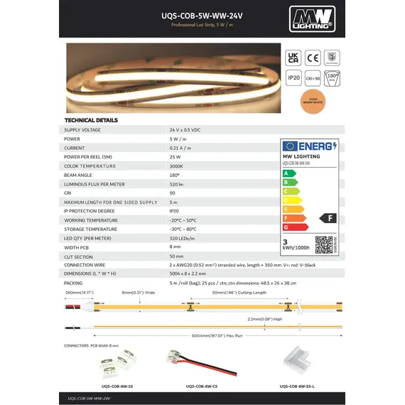 Професионална LED лента 5W COB 320 диода/m 24V 3000К CRI/Ra ≥90 | Osvetlenieto.bg