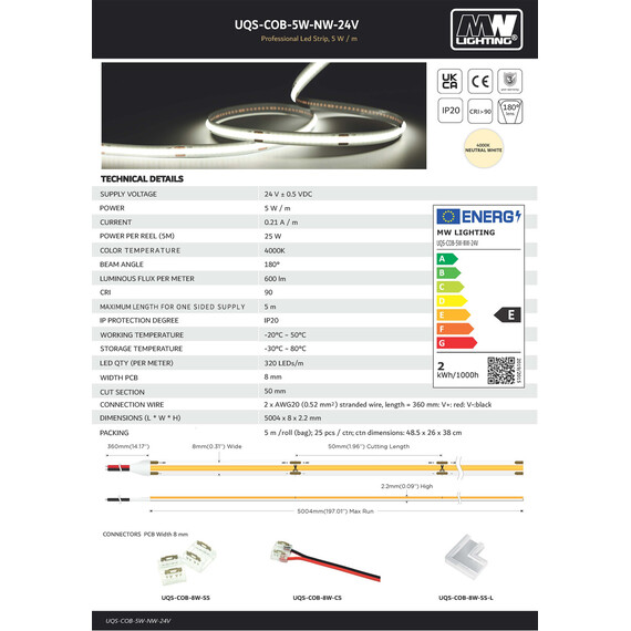 Професионална LED лента 5W COB 320 диода/m 24V 4000К CRI/Ra ≥90 | Osvetlenieto.bg