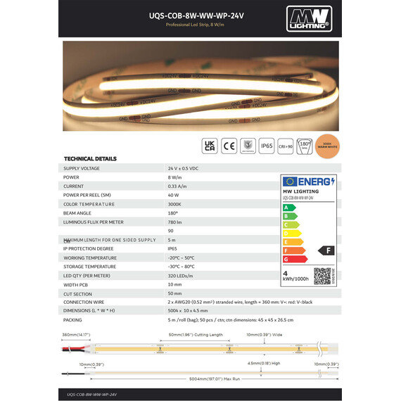 Влагозащитена LED лента 8W COB 320 диода/m 24V 3000К CRI/Ra ≥90 IP65 | Osvetlenieto.bg