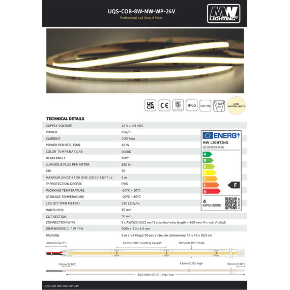 Влагозащитена LED лента 8W COB 320 диода/m 24V 4000К CRI/Ra ≥90 IP65 | Osvetlenieto.bg