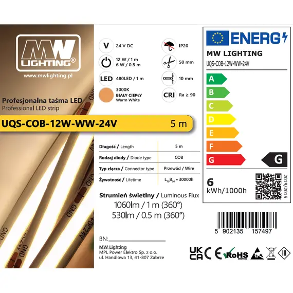 Професионална LED лента 12W COB 480 диода/m 24V 3000К CRI/Ra ≥90 | Osvetlenieto.bg
