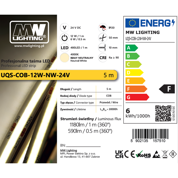 Професионална LED лента 12W COB 480 диода/m 24V 4000К CRI/Ra ≥90 | Osvetlenieto.bg