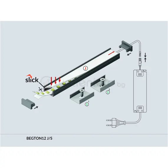 Бял LED профил BEGTON12 J/S 2000 за открит монтаж | Osvetlenieto.bg