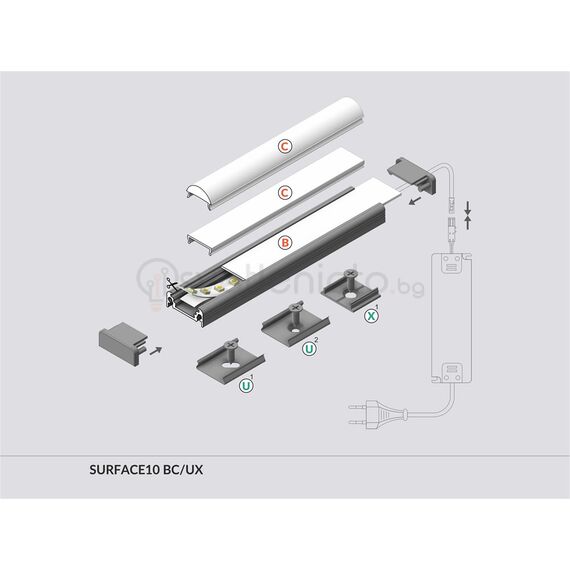 Бял LED профил SURFACE10 BC/UX 2000 за открит монтаж | Osvetlenieto.bg