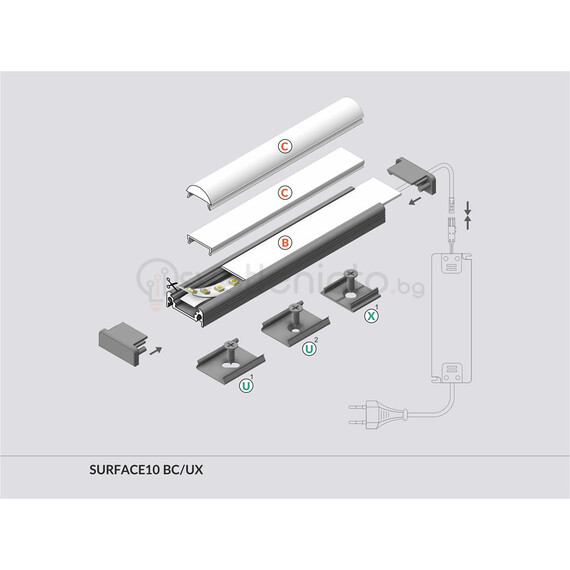 Бял LED профил SURFACE10 BC/UX 2000 за открит монтаж | Osvetlenieto.bg