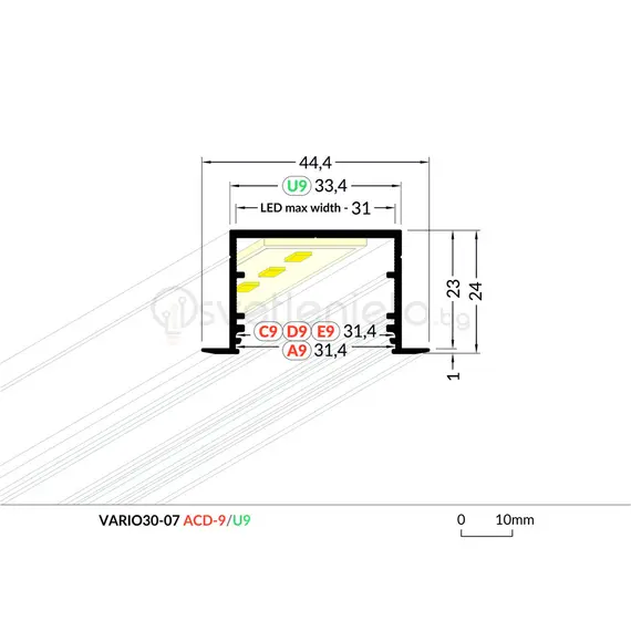 Бял LED профил за вграждане VARIO30-07 C-9/U9 2000 | Osvetlenieto.bg