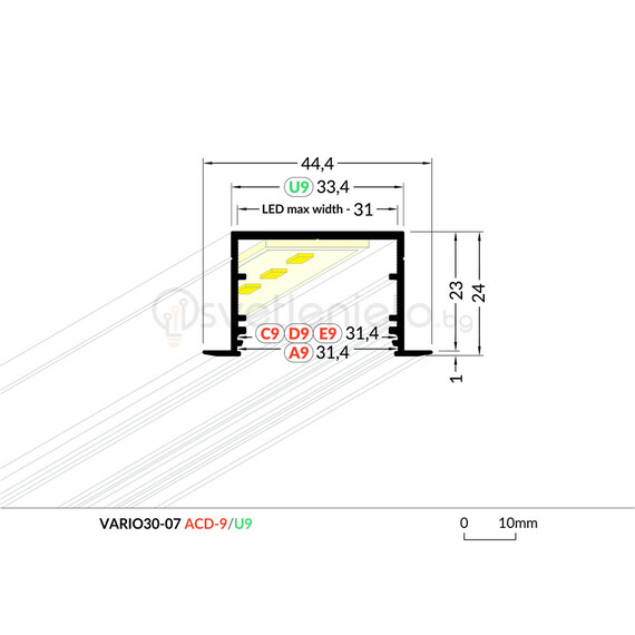 Бял LED профил за вграждане VARIO30-07 C-9/U9 2000 | Osvetlenieto.bg