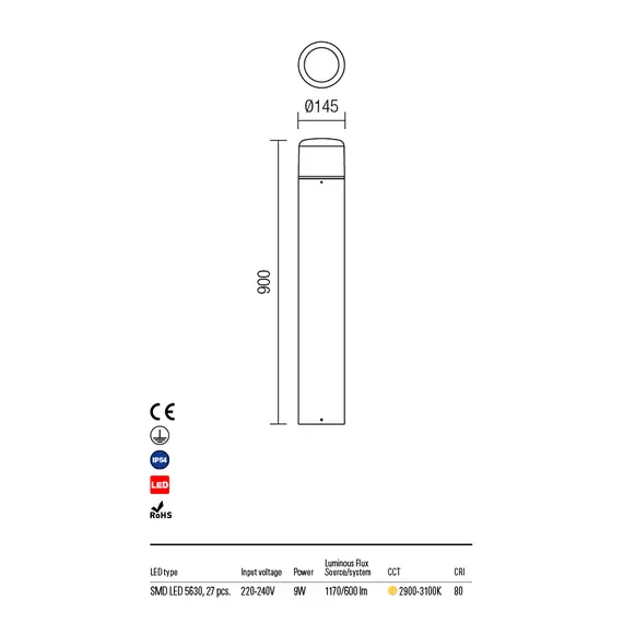 LED Градински стълб  CYCLO 9682 Redo IP54 | Osvetlenieto.bg