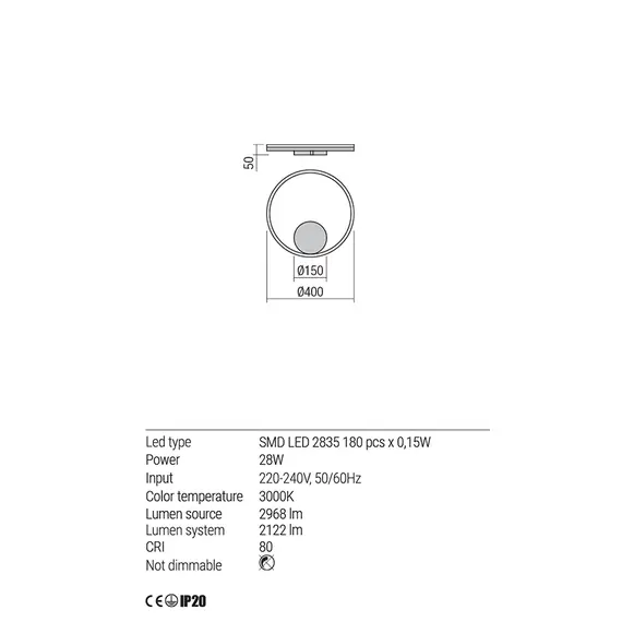 LED Аплик ORBIT 01-1699-DALI Redo 28W 3000K D400 BRASS | Osvetlenieto.bg