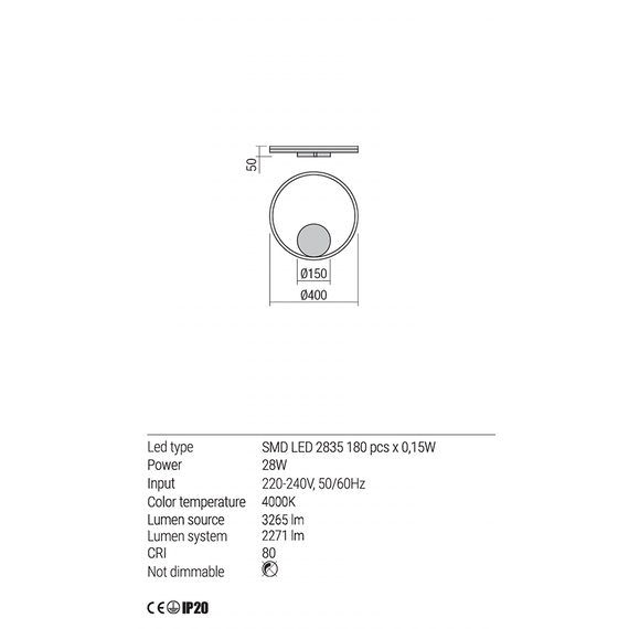 LED Аплик ORBIT 01-1900-TRIAC Redo 28W 4000K D400 SAND WHITE | Osvetlenieto.bg