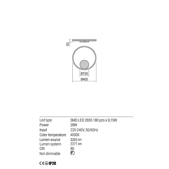 LED Аплик ORBIT 01-1901-TRIAC Redo 28W 4000K D400 BRASS | Osvetlenieto.bg