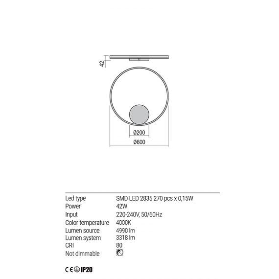 LED Аплик ORBIT 01-1958-DALI Redo 42W 4000K D600 INDIRECT SAND BLACK | Osvetlenieto.bg