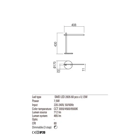 LED Настолна лампа OMEO 01-2213 Redo 7W 3000K-6500K BK | Osvetlenieto.bg