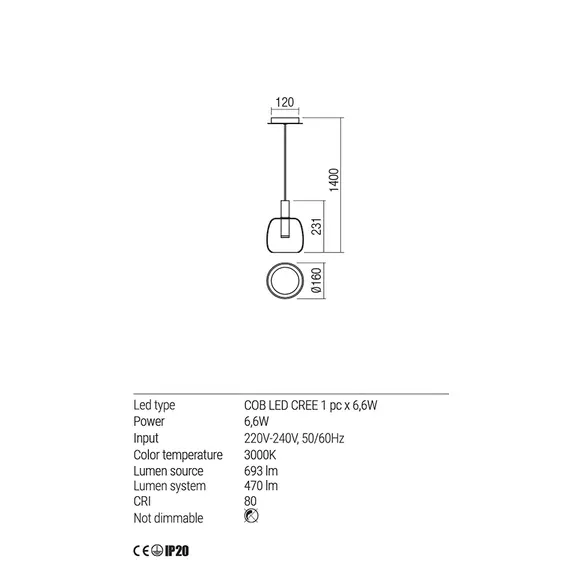 LED Пендел CANDELA 01-1820 Redo 6.6W 3000K GREY | Osvetlenieto.bg
