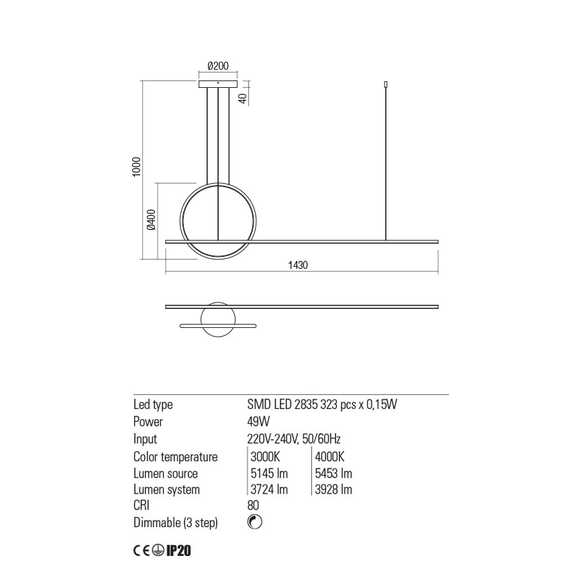 LED Полилей GIOTTO 01-1848 Redo 49W 4000K MBK | Osvetlenieto.bg