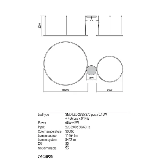 LED Полилей ORBIT 01-1721-TRIAC Redo 108W 3000K D1000+600 BRASS | Osvetlenieto.bg