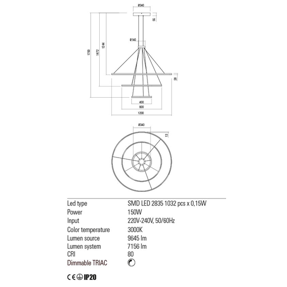 LED Полилей ORBIT 01-2244-DALI Redo 150W D1200+800+400 SAND BLACK | Osvetlenieto.bg