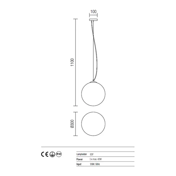 Пендел OLA 01-1065 Redo E27 D300 1X42W WH | Osvetlenieto.bg
