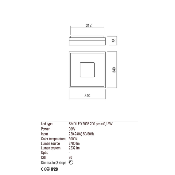 Плафон MAYA 01-1996 Redo LED SQ 36W 3000K GD | Osvetlenieto.bg