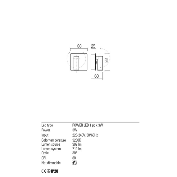 LED Аплик TOMIX 01-2338 Redo 1x3W 3000K SWH | Osvetlenieto.bg