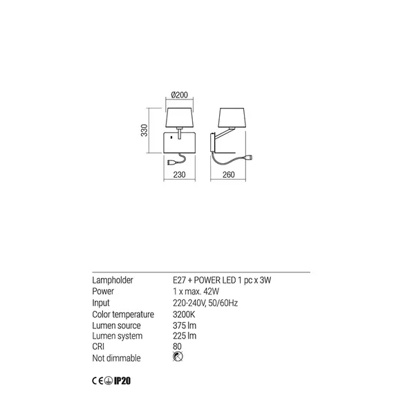 LED Аплик TOMO 01-1807 Redo 1X42W E27 + LED 1X3W WH | Osvetlenieto.bg