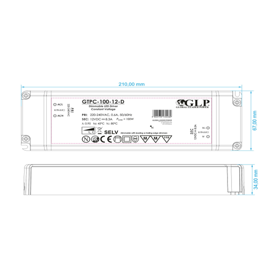 Димиращо LED захранване 100W 12V GLP TRIAC GTPC-100-12-D | Osvetlenieto.bg