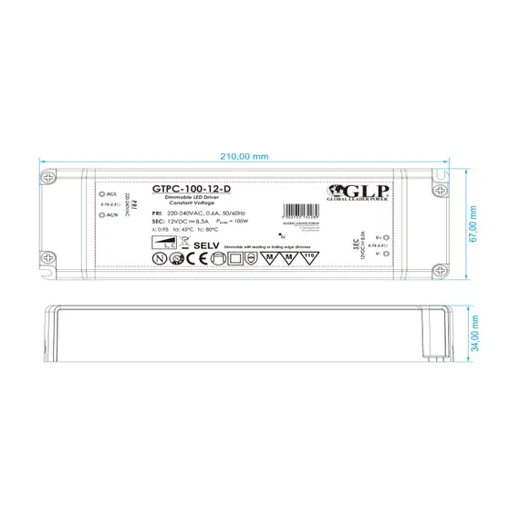 Димиращо LED захранване 100W 12V GLP TRIAC GTPC-100-12-D | Osvetlenieto.bg
