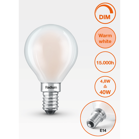 E14 3.4W 2700K Radium LED крушка Filament Матова Димируема 470lm P45 Mini-Ball CRI/Ra ≥90 | Osvetlenieto.bg