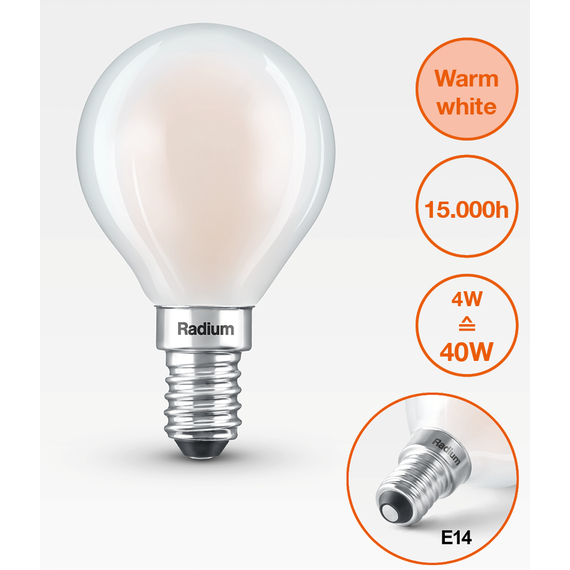 E14 4.2W 2700K Radium LED крушка Filament Матова 470lm P45 Mini-Ball | Osvetlenieto.bg