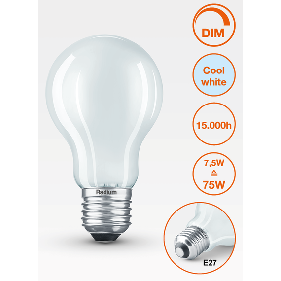 E27 7.5W 4000K Radium LED крушка Filament Матова Димируема 1055lm A60 | Osvetlenieto.bg