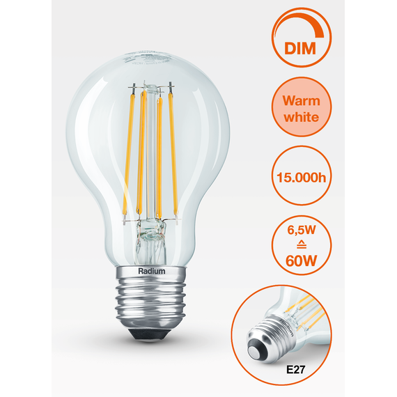 E27 6.5W 2700K Radium LED крушка Filament Димируема 806lm A60 | Osvetlenieto.bg