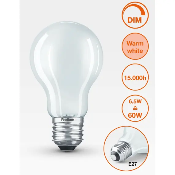 E27 6.5W 2700K Radium LED крушка Filament Матова Димируема 806lm A60 | Osvetlenieto.bg