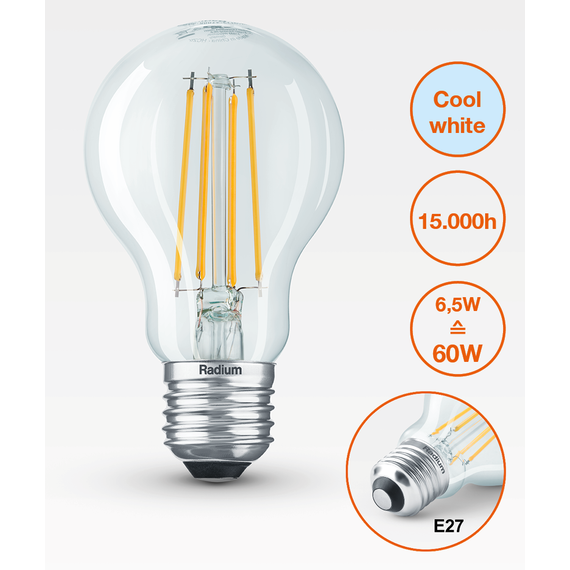E27 6.5W 4000K Radium LED крушка Filament 806lm A60 | Osvetlenieto.bg