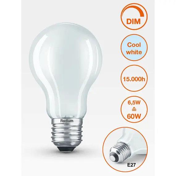 E27 6.5W 4000K Radium LED крушка Filament Матова Димируема 806lm A60 | Osvetlenieto.bg
