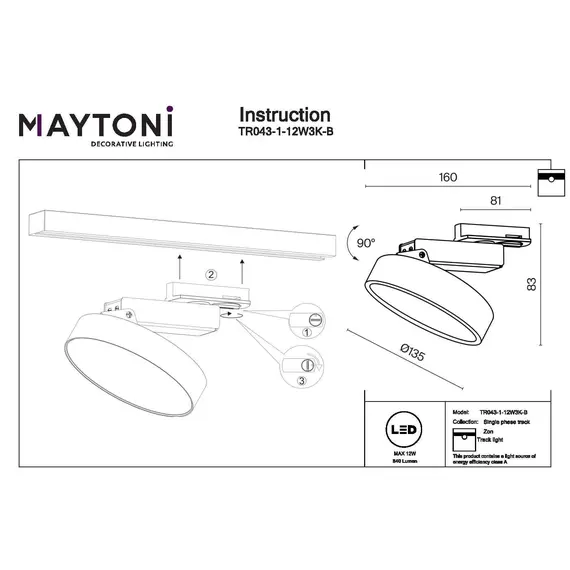 LED Спот за 2L шина Zon TR043-1-12W3K-B Maytoni 12W 3000K | Osvetlenieto.bg