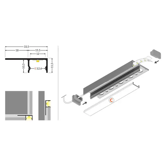 LED профил за вграждане в плочки UNI-TILE12 C PLUS анодизиран 2 метра | Osvetlenieto.bg