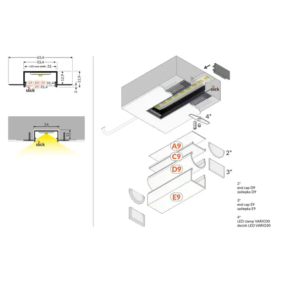 LED профил за вграждане VARIO30-04 TRIMLESS EF 2000 суров алуминий | Osvetlenieto.bg