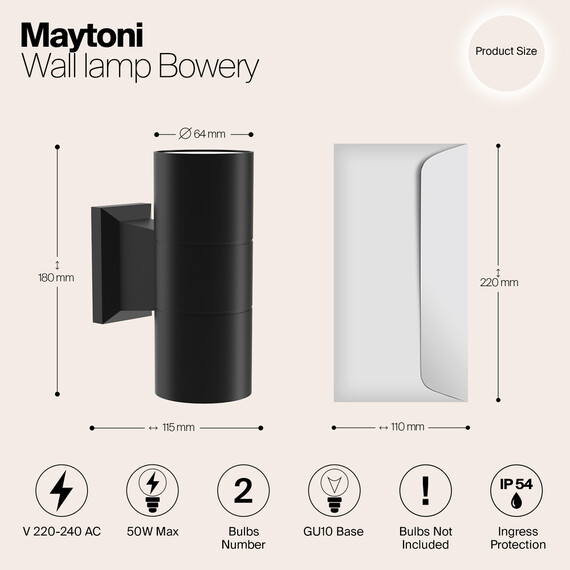 Фасаден аплик Bowery O574WL-02B Maytoni 2xGU10 IP54 | Osvetlenieto.bg