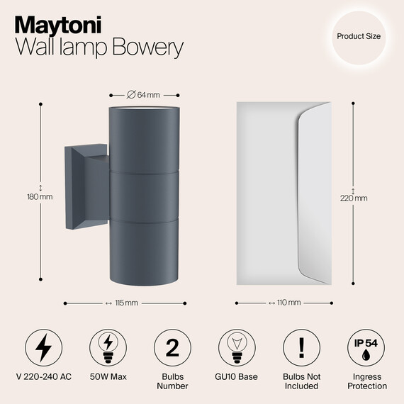 Фасаден аплик Bowery O574WL-02GR Maytoni 2xGU10 IP54 | Osvetlenieto.bg