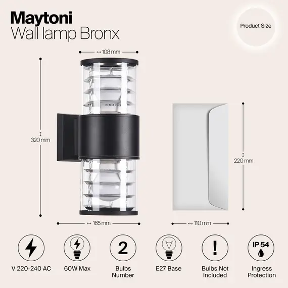 Фасаден аплик черен Bronx Maytoni O576WL-02B 2xE27 IP54 | Osvetlenieto.bg