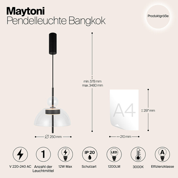 LED Полилей Bangkok MOD185PL-L6B3K1 Maytoni 12W 3000K | Osvetlenieto.bg