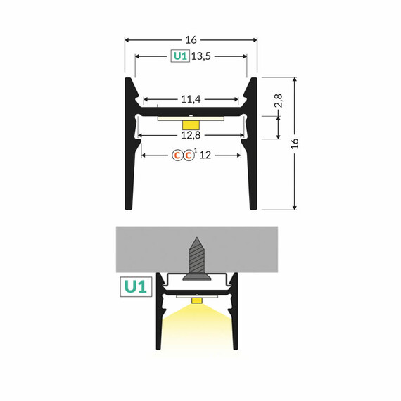 Черен LED профил COZY12 C/U1 2000 открит монтаж | Osvetlenieto.bg