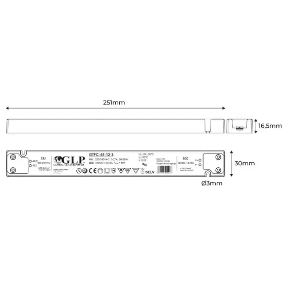 LED захранване SLIM 45W 12V GLP GTPC-45-12-S | Osvetlenieto.bg